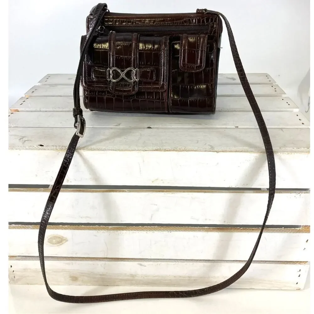 BRIGHTON SMALL BROWN ANIMAL PRINT CROSSBODY BAG WITH POCKETS
